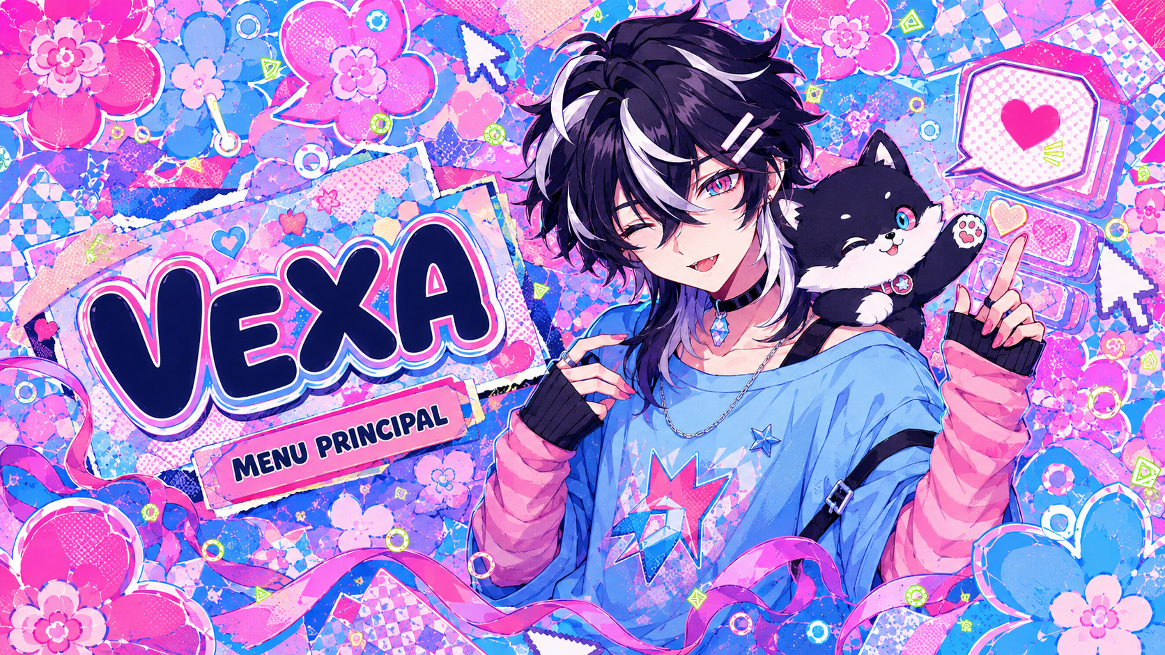 Vexa, personagem de cabelo preto e branco, roupa azul e rosa e uma raposa preta
